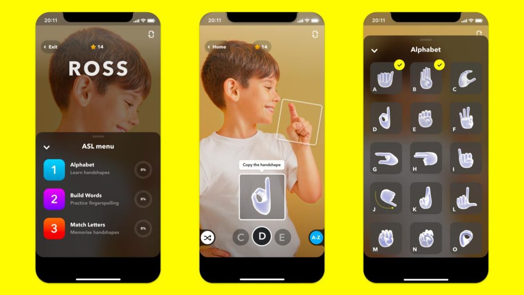 Capture d’écran de l’application Snapchat montrant un enfant utilisant la langue des signes