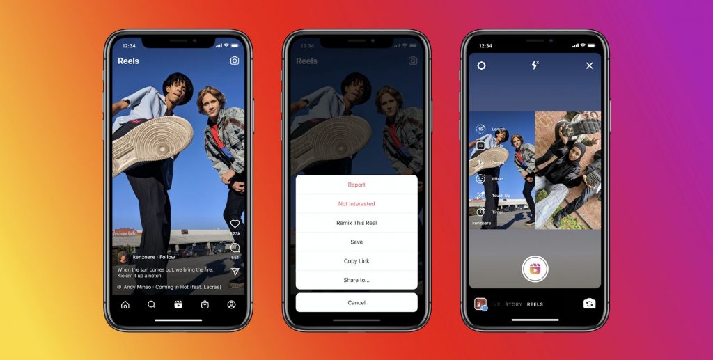 Images démontrant le processus d’enregistrement des « Reels » sur Instagram