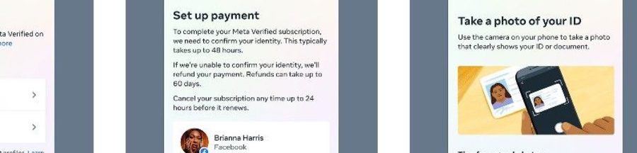 Les étapes de vérification d’identité lors de la souscription à l’abonnement payant Meta Verified