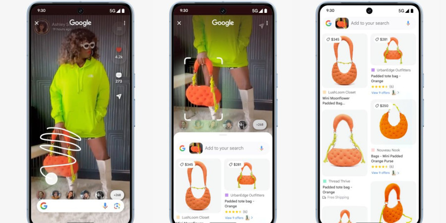 Une démonstration de la fonction Circle de Google avec un sac orange, une fonction censée simplifier la recherche sur smartphone.