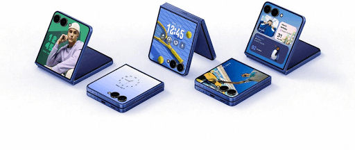 Des smartphones Galaxy Z Flip7 déployés partiellement et fermés.