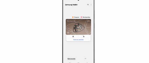 L’application Samsung Wallet avec le logo MayBach affiché dessus. L’application Samsung Wallet avec le logo MayBach affiché dessus.