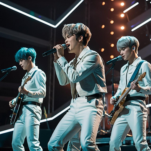 Un groupe de K-pop en pleine performance sur scène.
