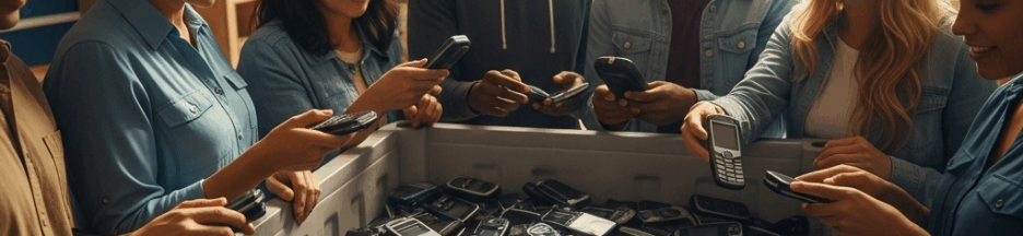 Des personnes déposant des téléphones dans un point de collecte