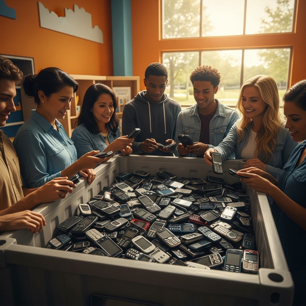 Des personnes déposant des téléphones dans un point de collecte