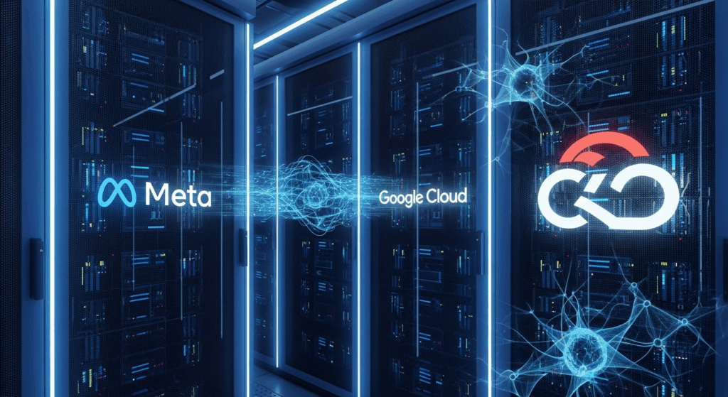Logo Meta et Google Cloud avec des icônes IA