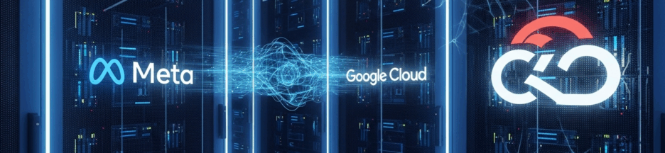 Logo Meta et Google Cloud avec des icônes IA