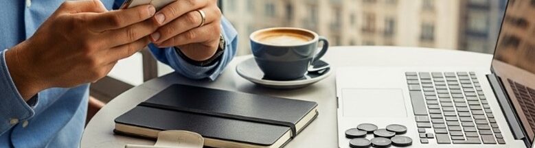 Professionnel utilisant smartphone et ordinateur portable dans un café moderne pour télétravail mobile Professionnel utilisant smartphone et ordinateur portable dans un café moderne pour télétravail mobile