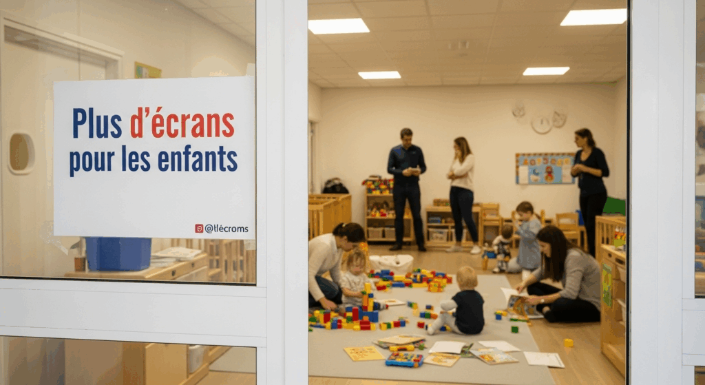 Affichage de la règle des écrans interdits dans une crèche