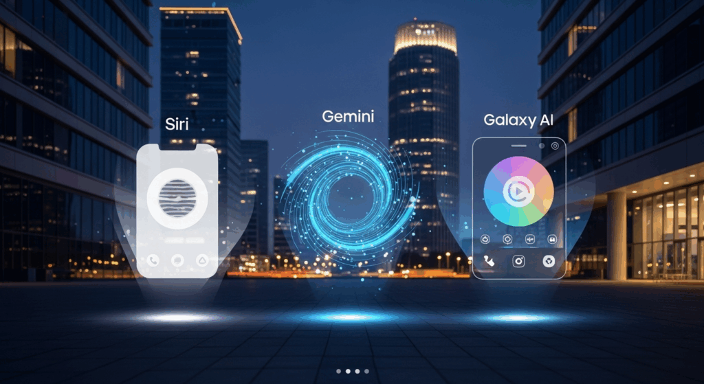 Comparatif visuel entre Siri, Gemini et Galaxy AI