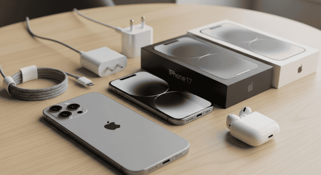 iPhone 17 exposé sur une table avec packaging et accessoires Apple