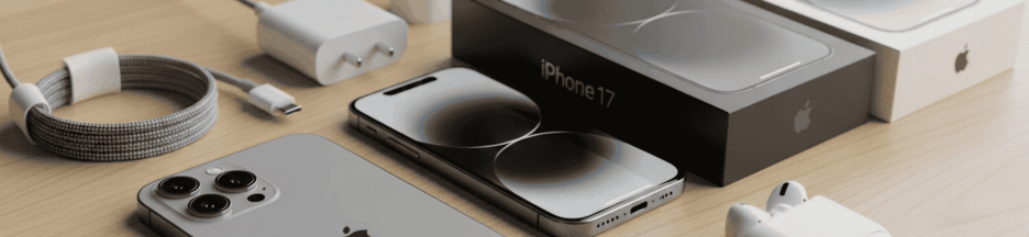 iPhone 17 exposé sur une table avec packaging et accessoires Apple