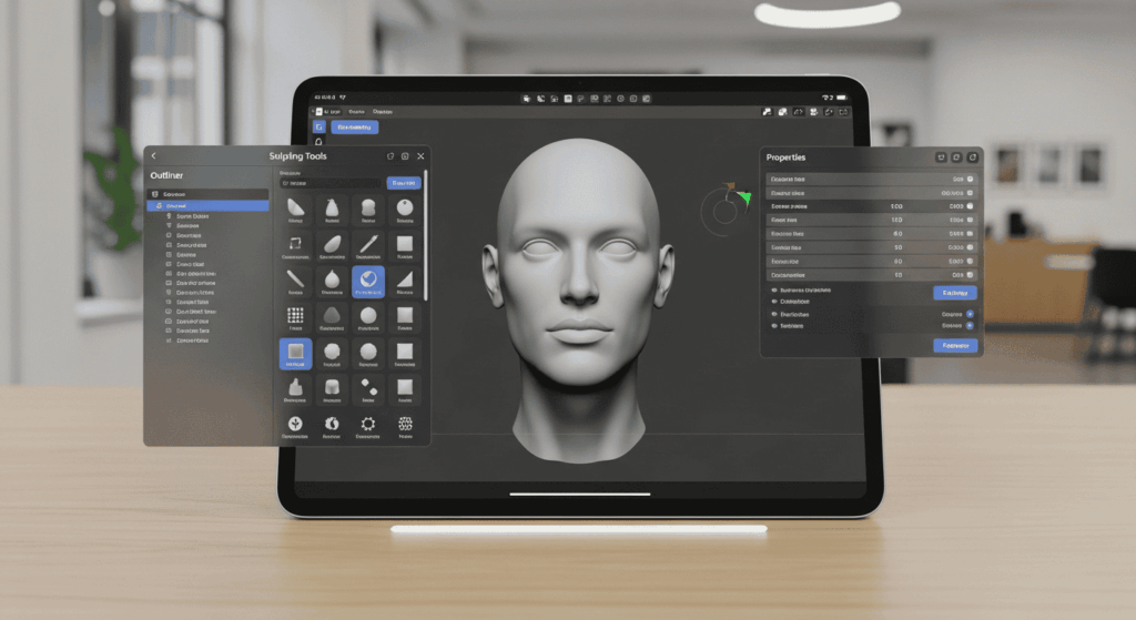 Interface Blender sur iPad avec outils de création 3D tactiles