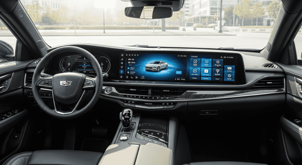 Intérieur moderne d’une voiture de luxe avec un immense écran incurvé OLED