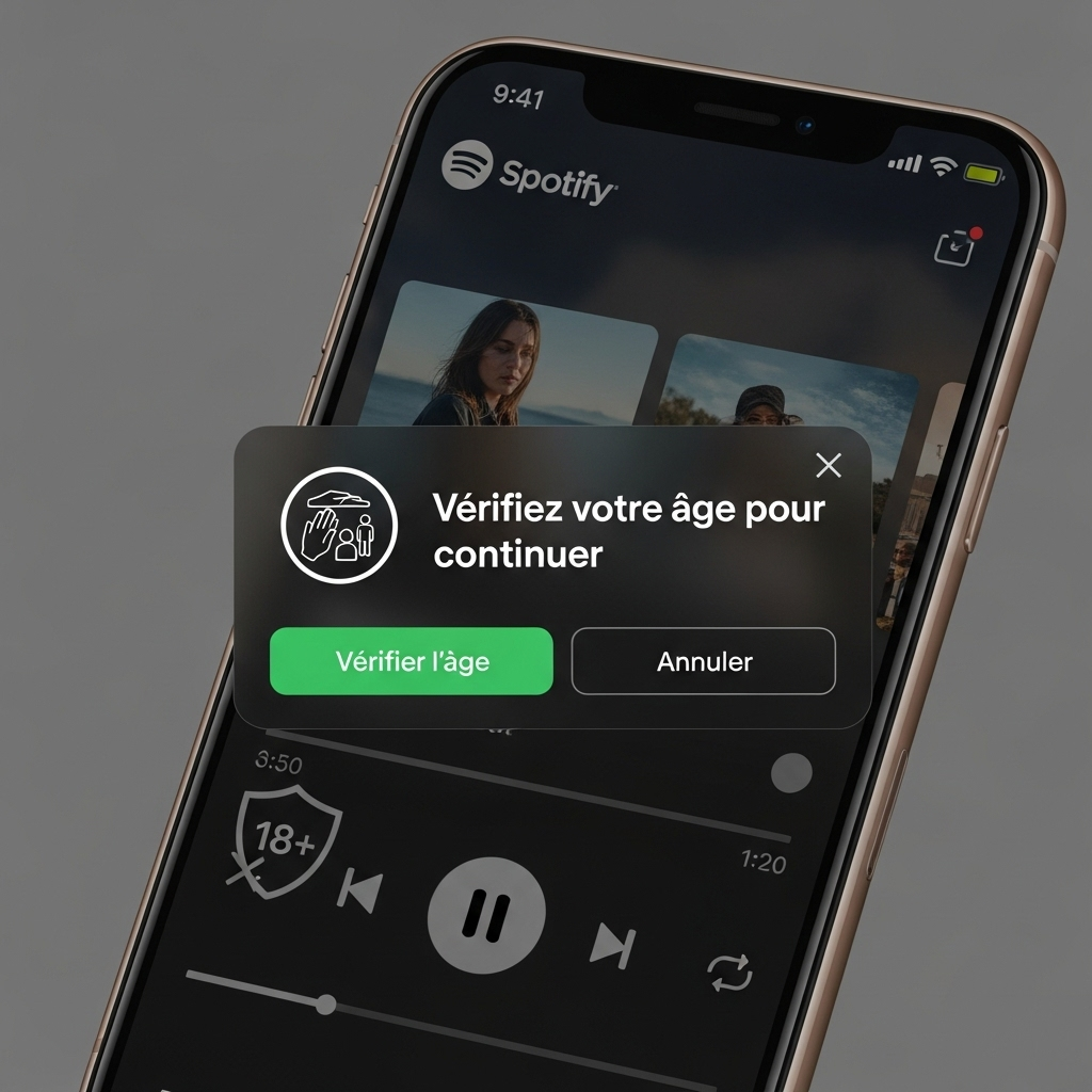 Logo Spotify avec interface d’avertissement de vérification d’âge