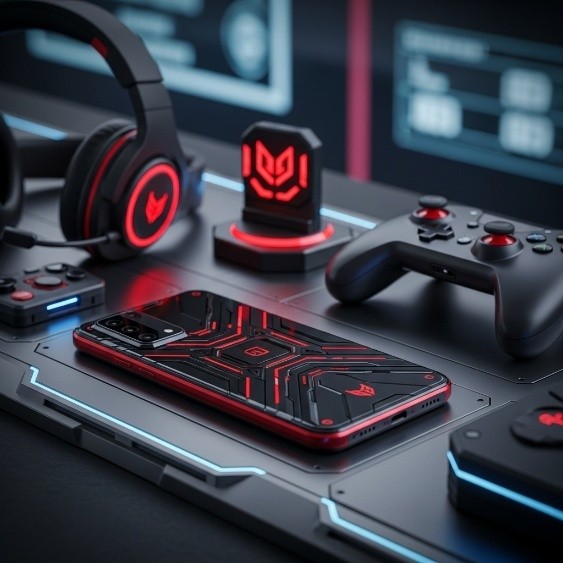 Smartphone gaming 2025 avec accessoires et éclairage LED sur table futuriste