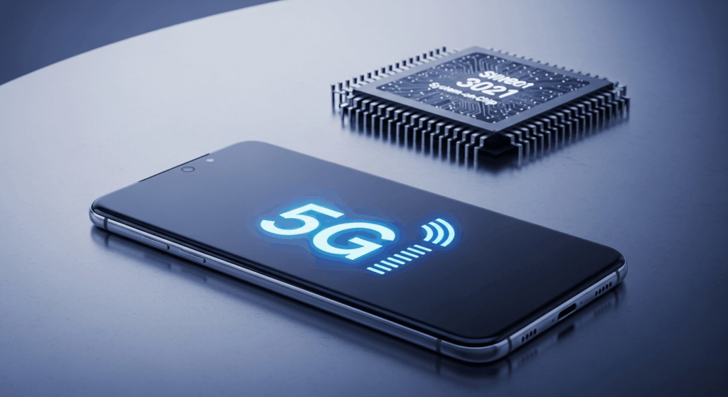 Smartphone Samsung A17 5G avec icône 5G et chipset ancien en arrière-plan