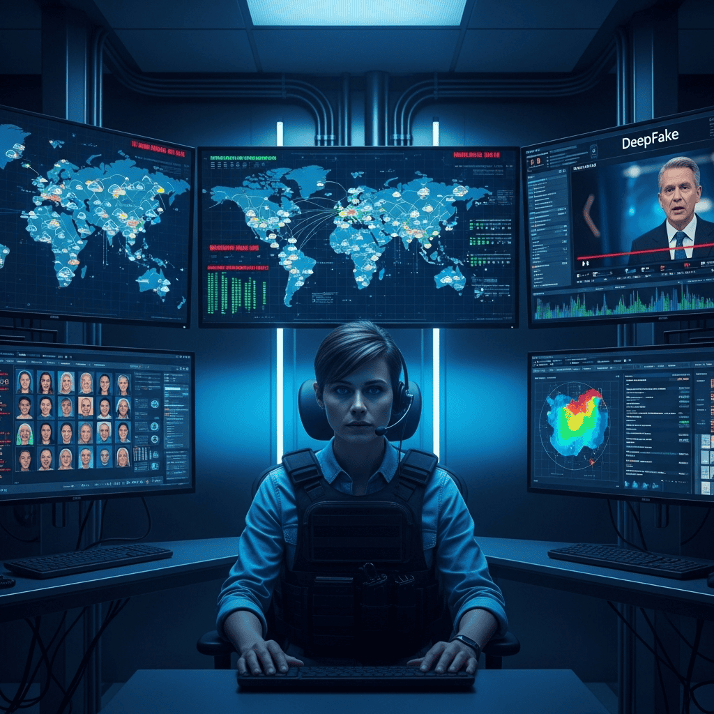 Un analyste en cybersécurité dans une salle de contrôle high-tech