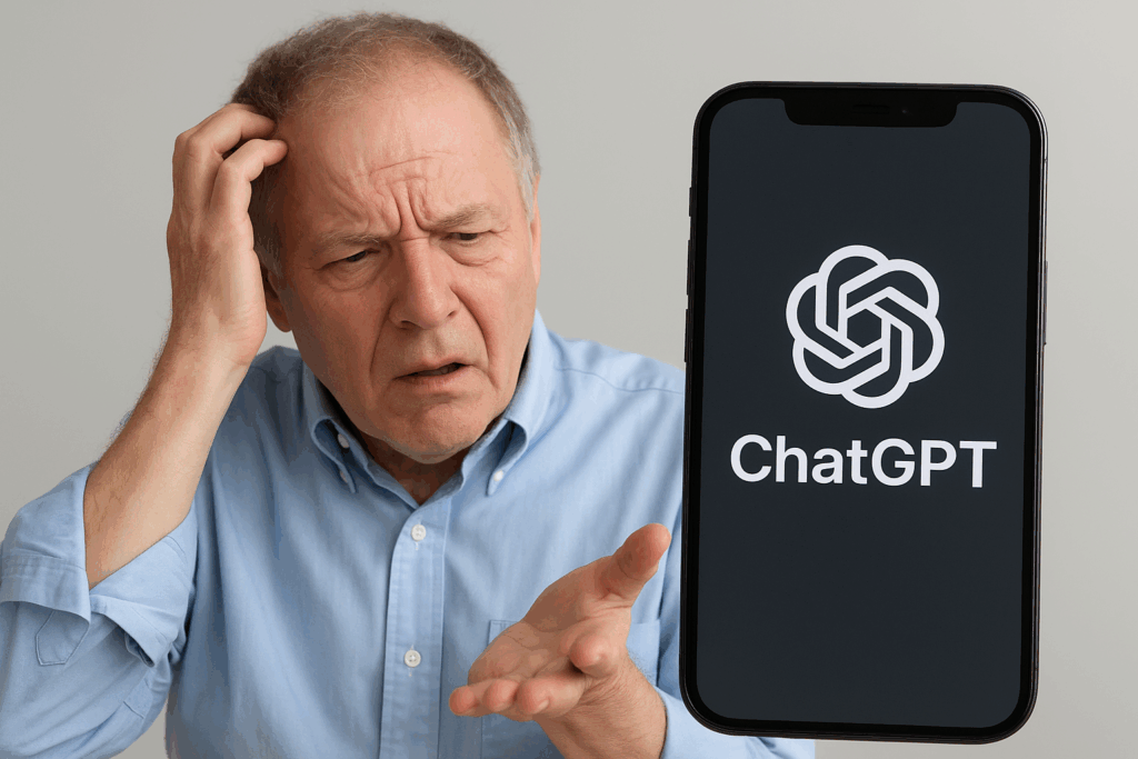 Un homme confus qui regarde son smartphone affichant le logo de ChatGPT