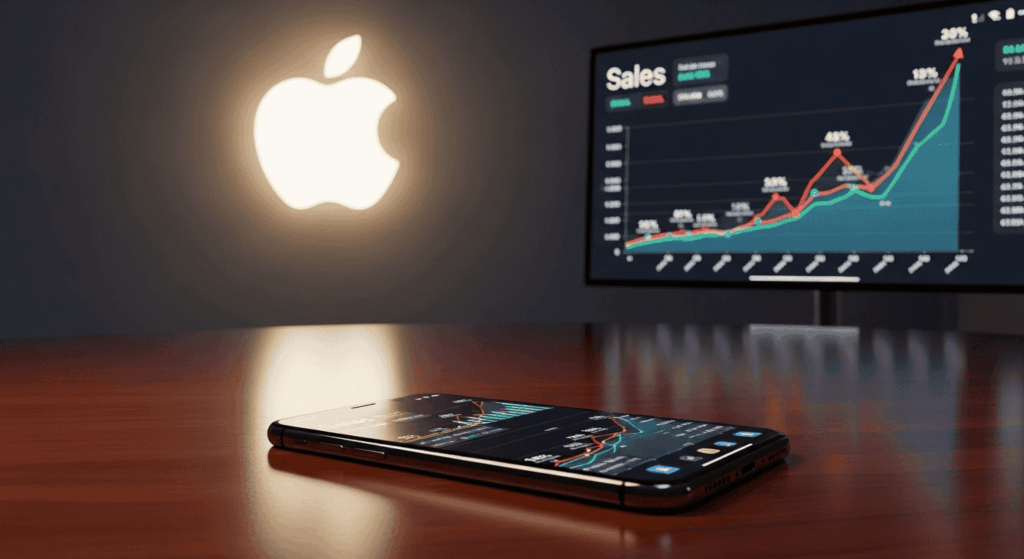 Un iPhone posé sur une table avec graphique de ventes en arrière-plan