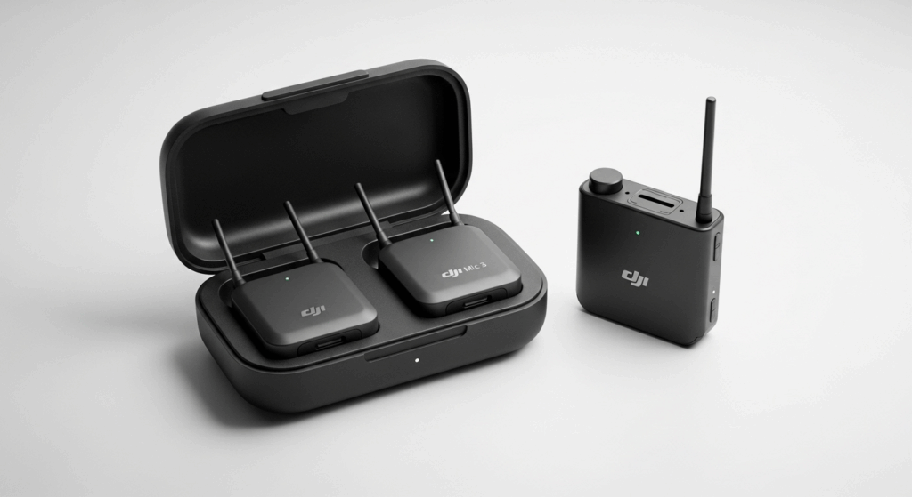 Un micro sans-fil compact DJI Mic 3 posé à côté de son boîtier de recharge