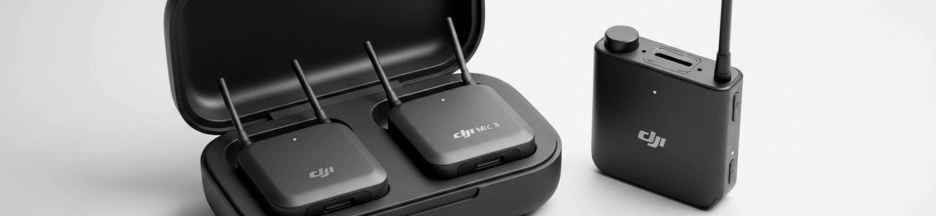 Un micro sans-fil compact DJI Mic 3 posé à côté de son boîtier de recharge