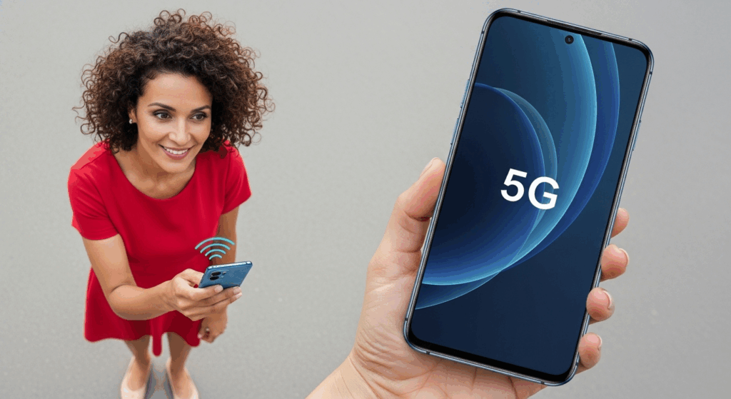 Une femme utilisant un smartphone 5G