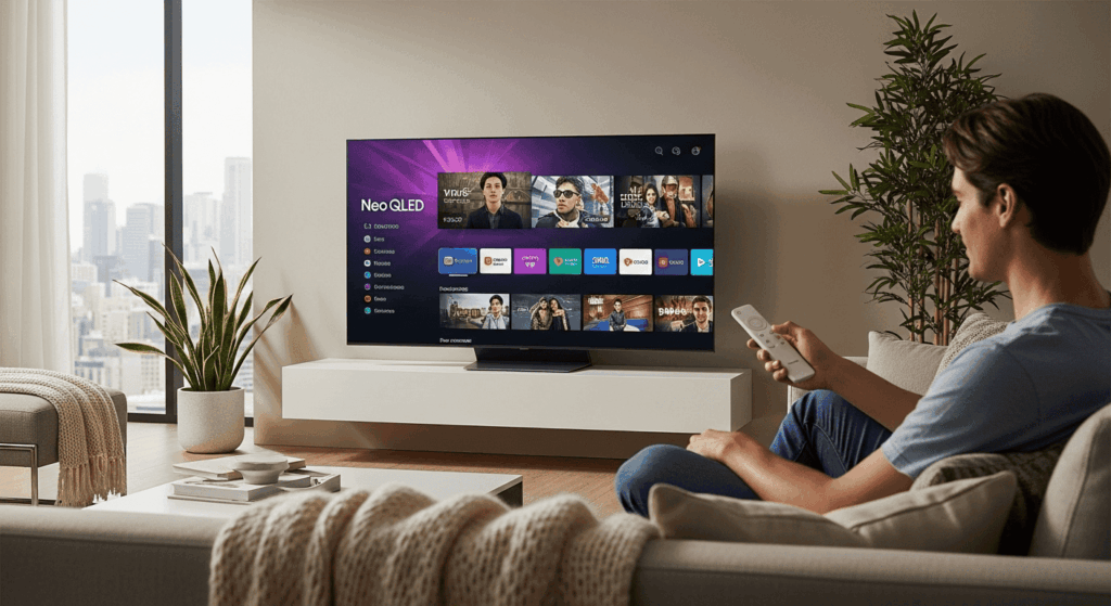 Une personne utilisant un téléviseur Samsung connecté