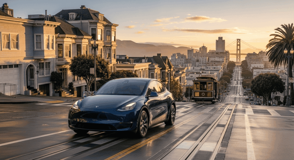 Une Tesla Model Y circulant dans les rues de San Francisco