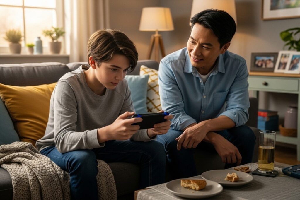 Adolescent jouant à une console portable sous le regard d’un parent