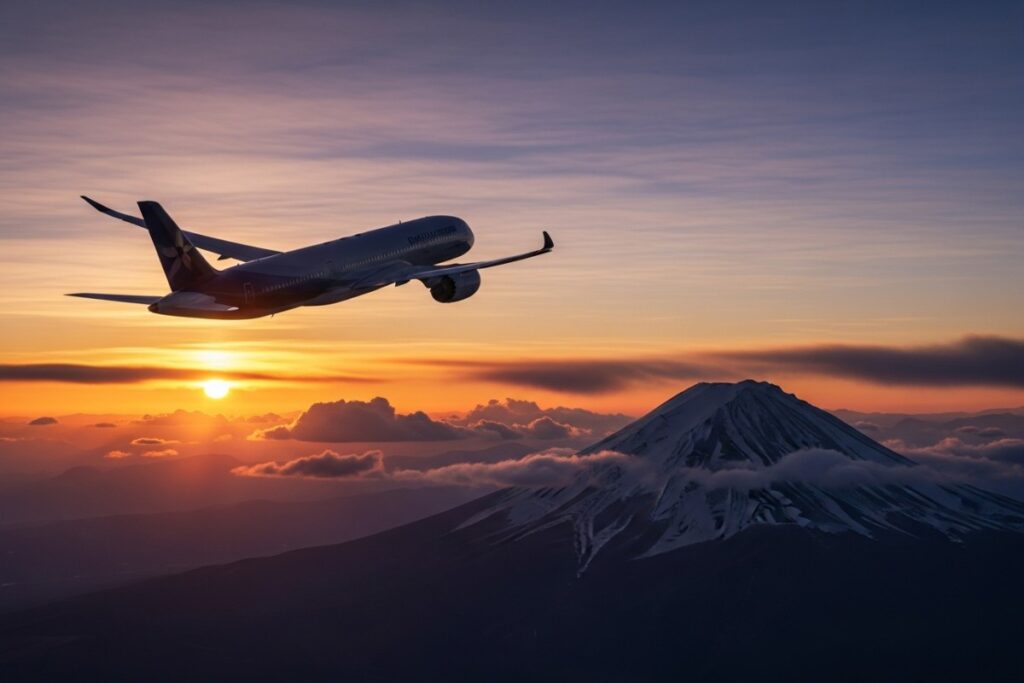 Avion de ligne survolant le Mont Fuji au coucher du soleil
