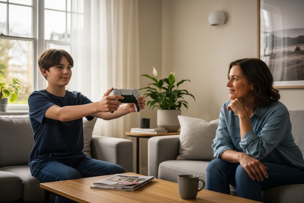 Discussion familiale autour d’une manette de jeu