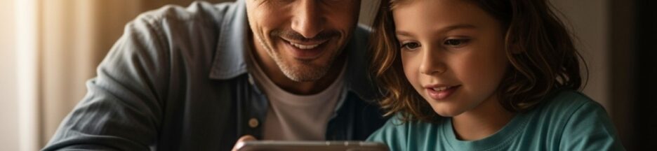 Enfant et adulte regardant un smartphone ensemble