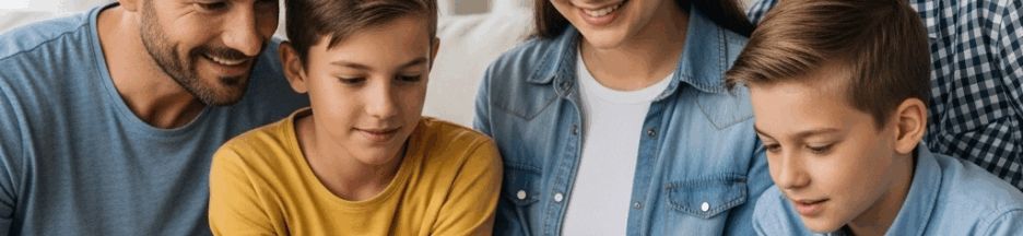 Famille avec un iPhone en usage connecté