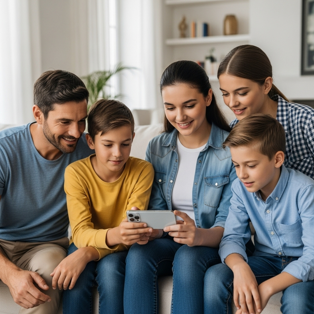 Famille avec un iPhone en usage connecté