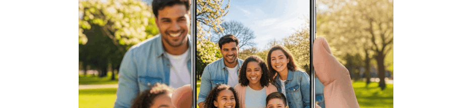 Famille capturant un souvenir avec un smartphone utilisant l'IA