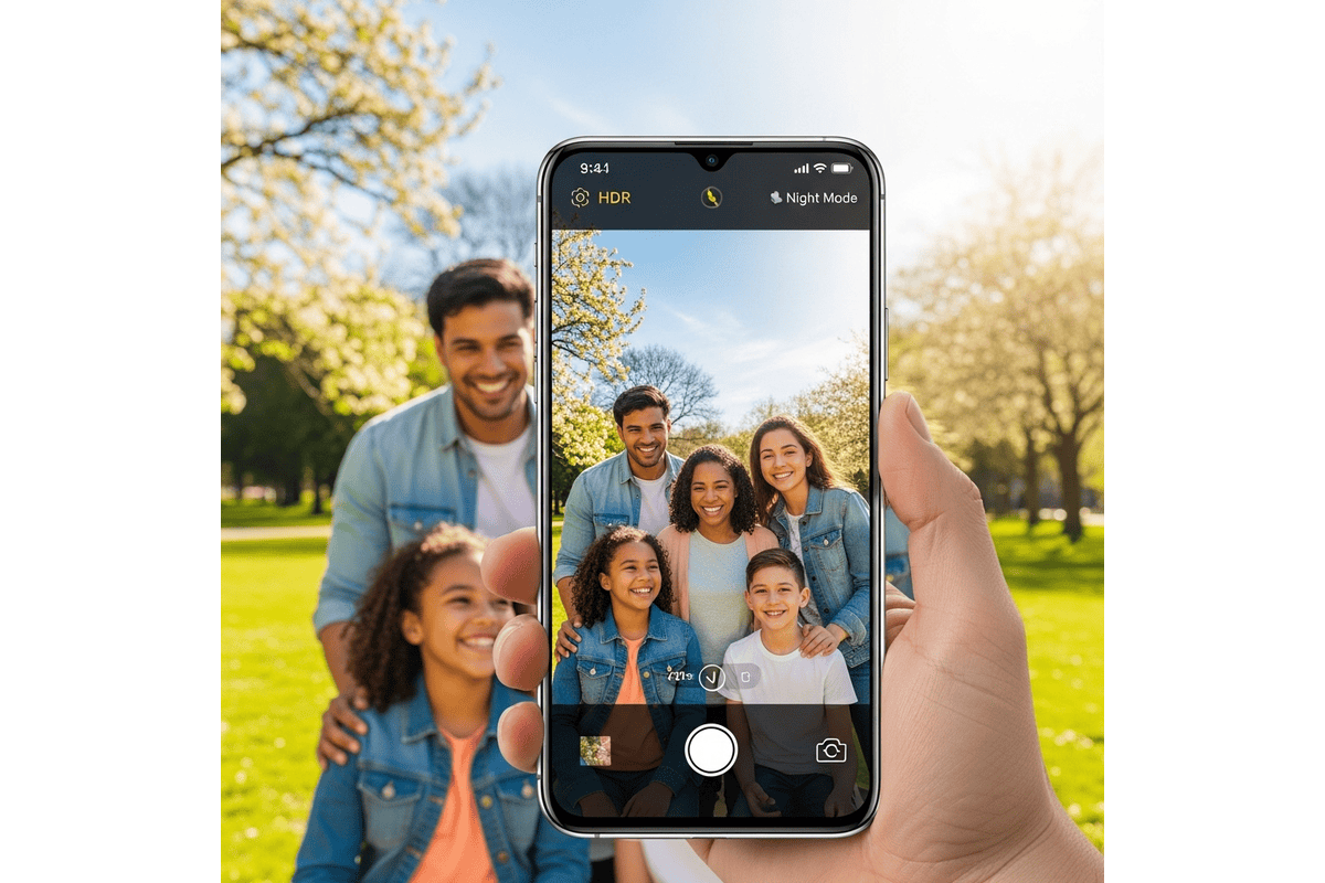 Famille capturant un souvenir avec un smartphone utilisant l'IA