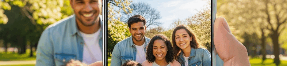 Famille capturant un souvenir avec un smartphone utilisant l'IA
