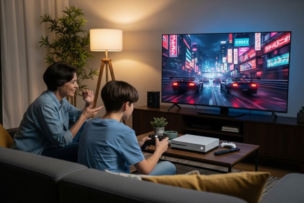 Famille découvrant un jeu vidéo de course au Japon