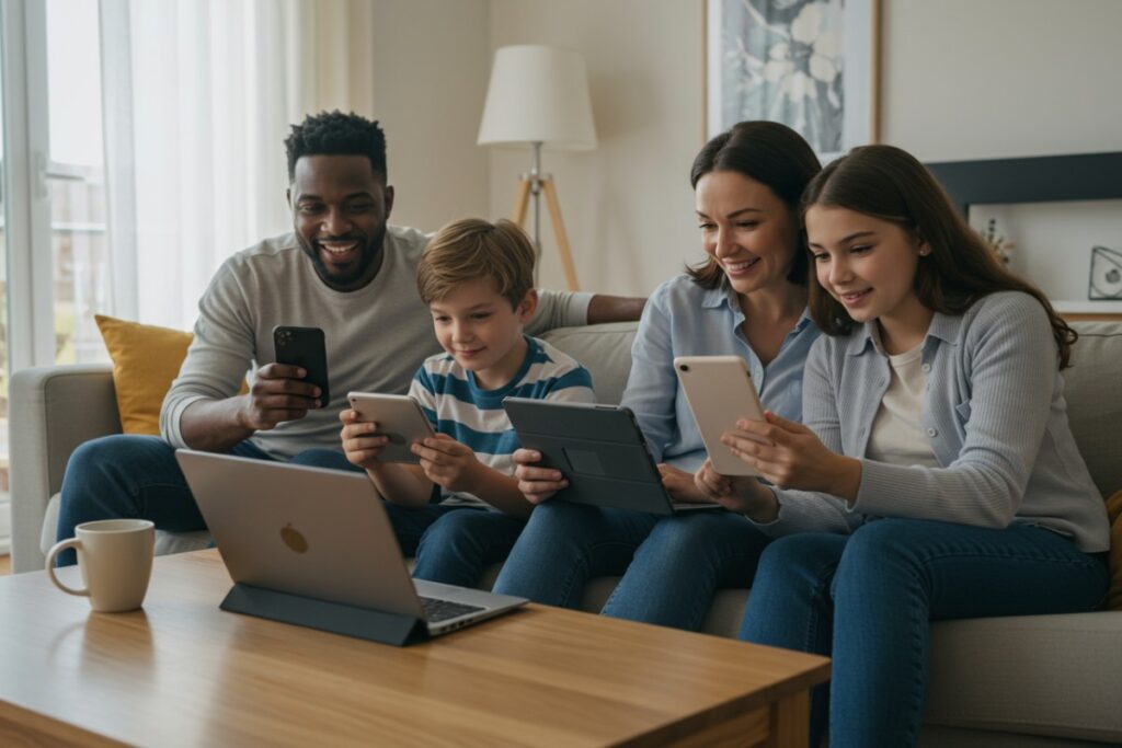 Famille en appels vidéo sur multi-appareils