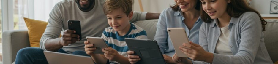 Famille en appels vidéo sur multi-appareils