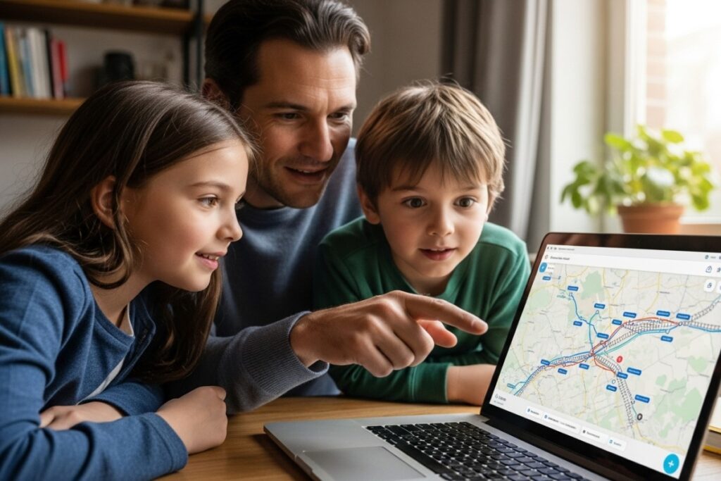Famille explorant une carte interactive des trains