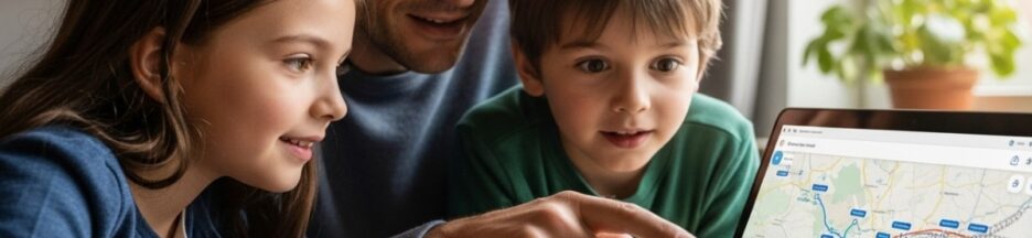 Famille explorant une carte interactive des trains