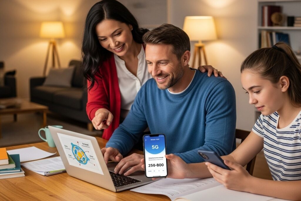 Famille utilisant un forfait 5G pour l’école et la maison