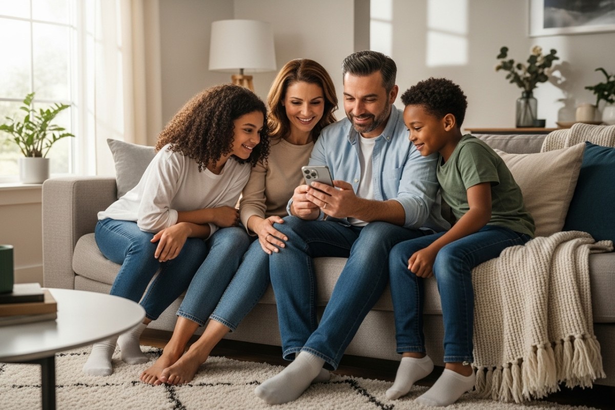 Famille utilisant un iPhone dans un salon