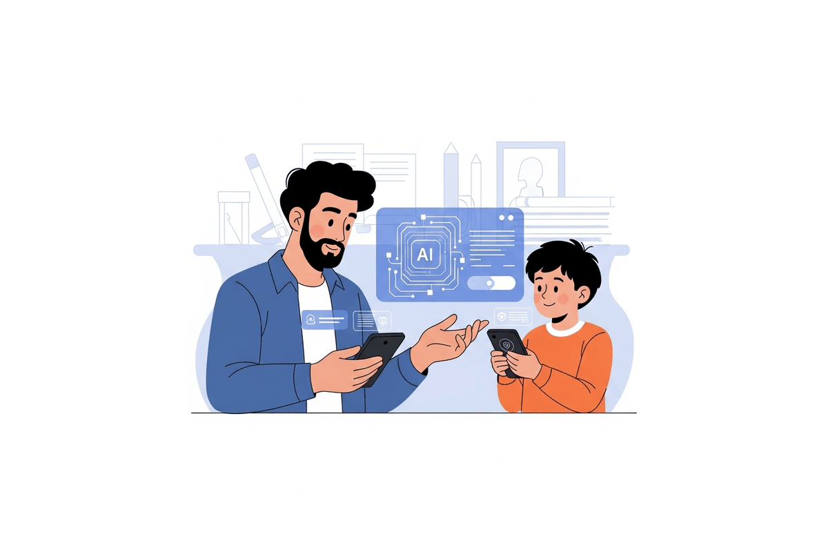 Parent enseignant la sécurité numérique à un enfant avec IA