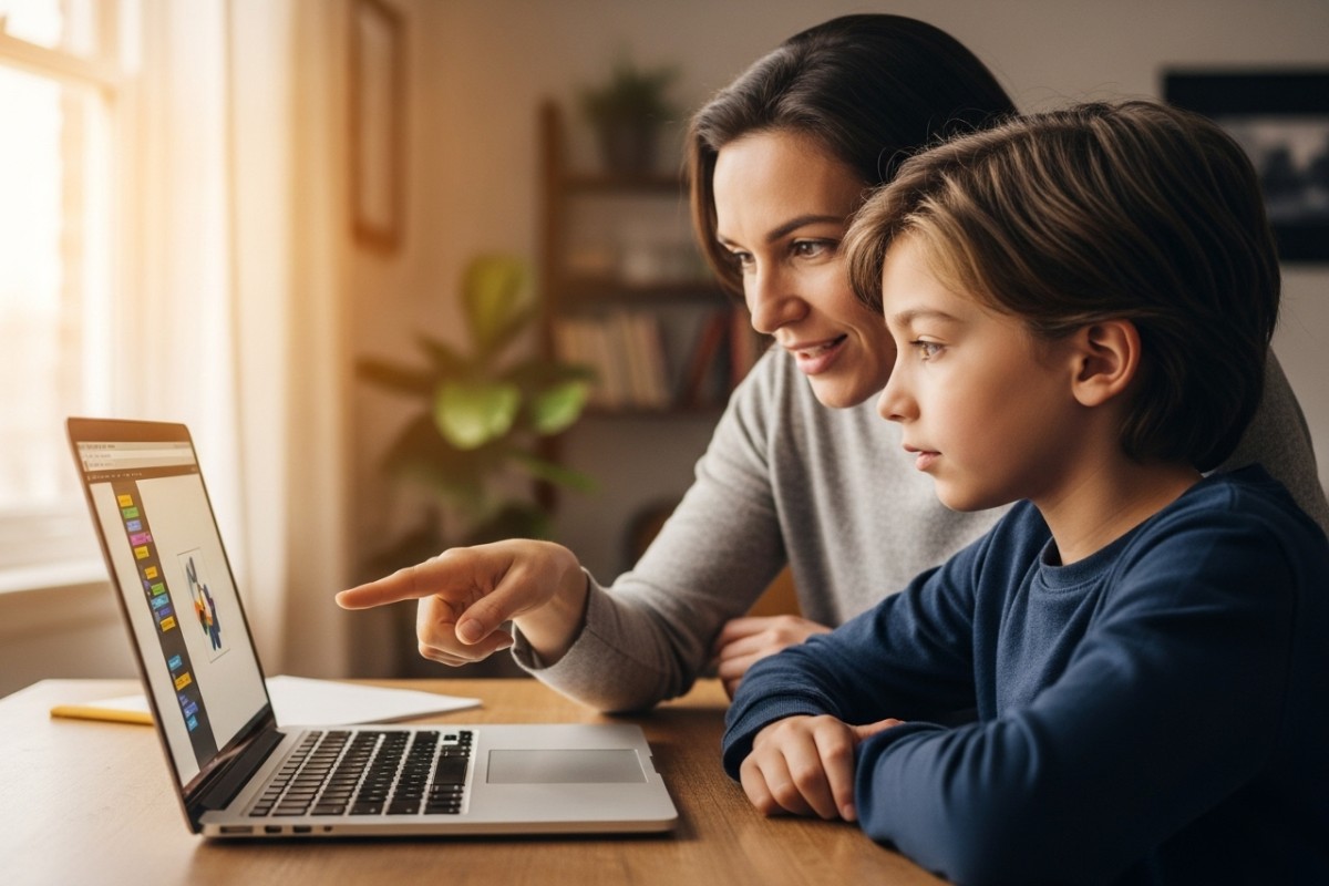 Parent enseignant un raccourci clavier à son enfant