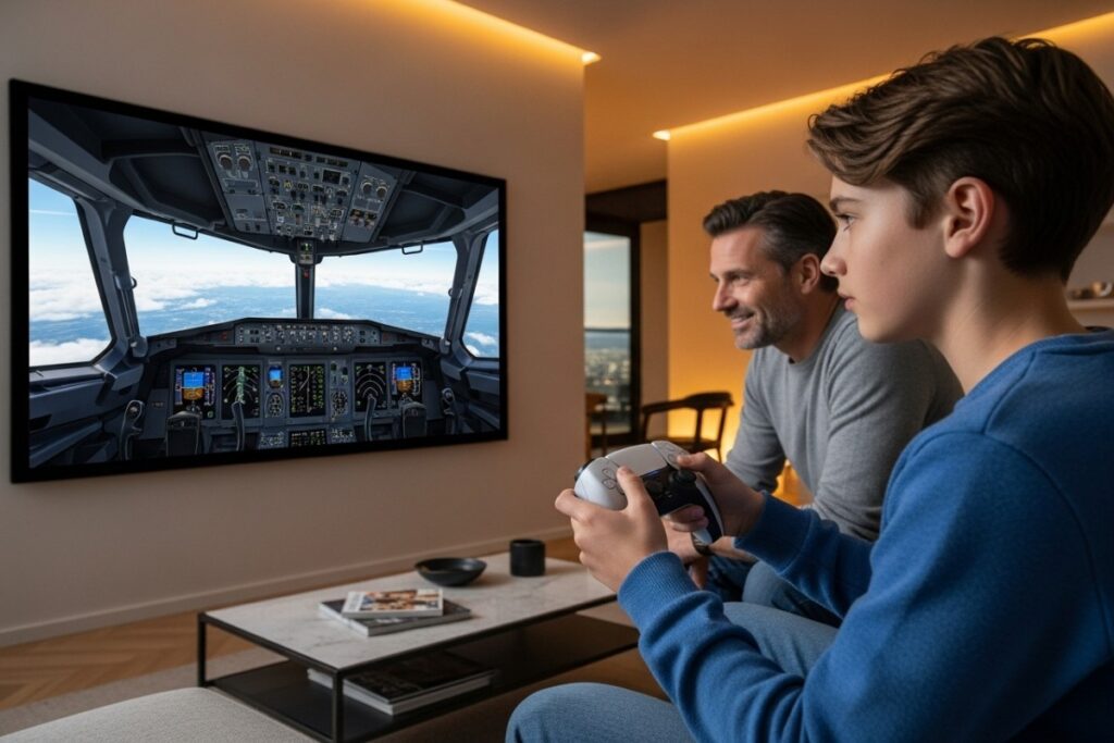 Parent et adolescent découvrant une simulation de vol sur PS5