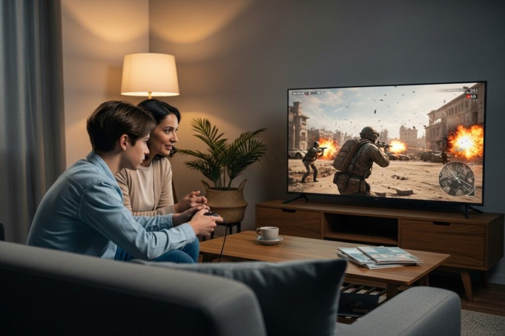 Parent et adolescent discutant devant un jeu vidéo de guerre