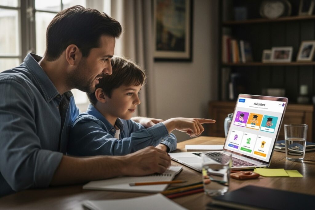 Parent et enfant utilisant un assistant IA pour les devoirs